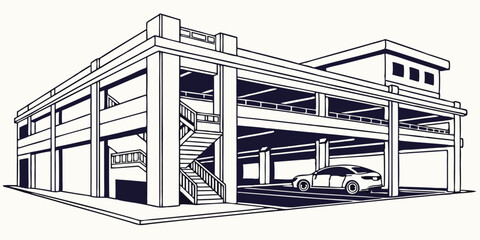 Linear Illustration Of A Car Park With A Vehicle On Lower Level