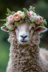 Obraz premium The Easter concept is represented by a cute sheep wearing a flower wreath in a lush green grass setting