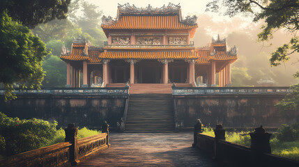 Obraz premium A photo of a palace harmonizing with the natural setting. [Harmonic Relics] | Dissonant Idol | clashing hum. Illustration