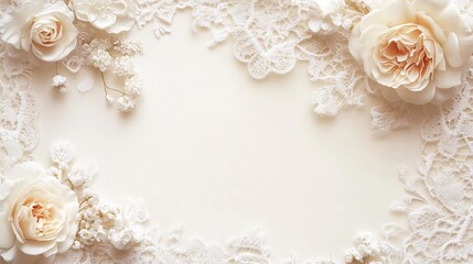 Elegant Cream Roses and Delicate White Lace Border Romantic Wedding Invitation Design Background Texture Pattern Bridal Feminine Soft Pastel Floral Frame art card airy love image  