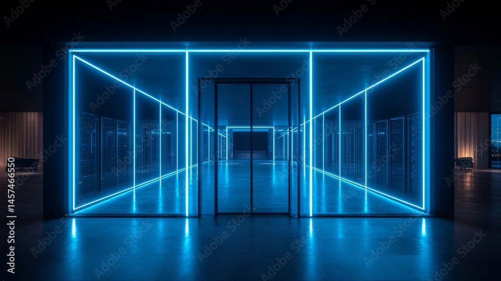 Poster server computers or a server room equipped with a data hud, generated through 3d rendering methods