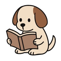 Adorable cartoon puppy reading a book – hand-drawn raster illustration for kids' stickers, educational printables, nursery decor, and children's products


