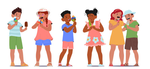 Happy children cartoon characters eating ice-cream sweet frozen summer dessert isolated set