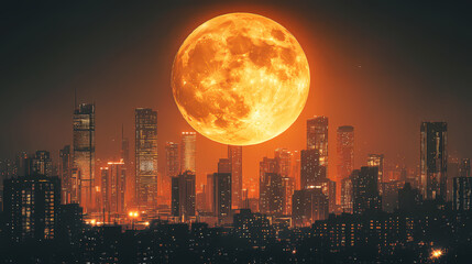 Fototapeta premium A large, full moon hangs over a city skyline, casting an orange glow on the buildings. [Graviton Cities] | Suspended Futurism | hanging city. Illustration