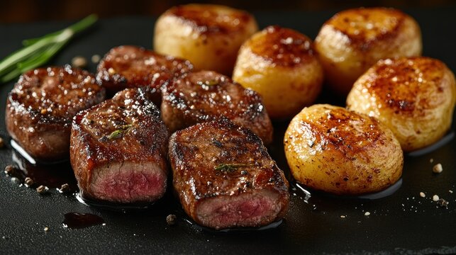 Seared meat cubes with roasted potatoes - Powered by Adobe
