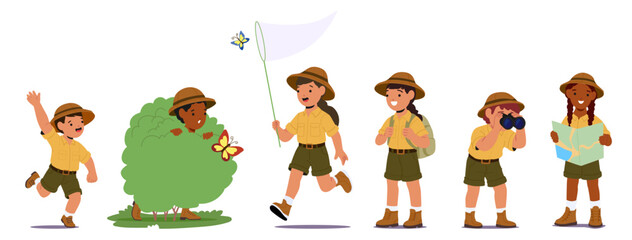 Kids safari adventure cartoon set with cute little explorer characters enjoying quest and trip