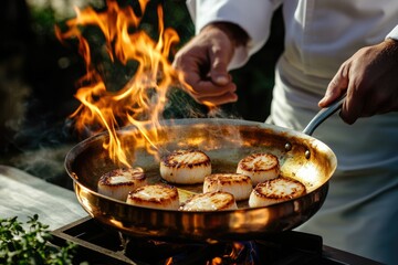 Chef flambés seared scallops in a hot pan with flames, creating a delicious gourmet meal.