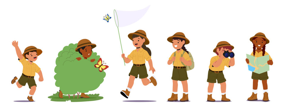 Kids safari adventure cartoon set with cute little explorer characters enjoying quest and trip