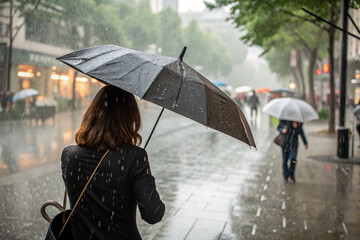 Rainy season. Rainy season. People stick umbrellas behind them in sudden squalls.