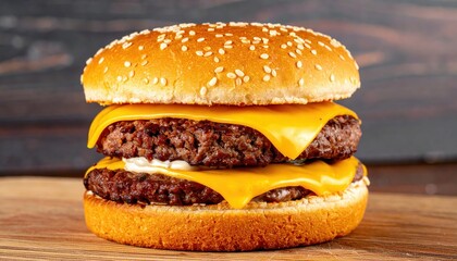 A juicy, double-stacked cheeseburger with sesame seed bun sits on a wooden surface, inviting indulgence and summertime satisfaction.