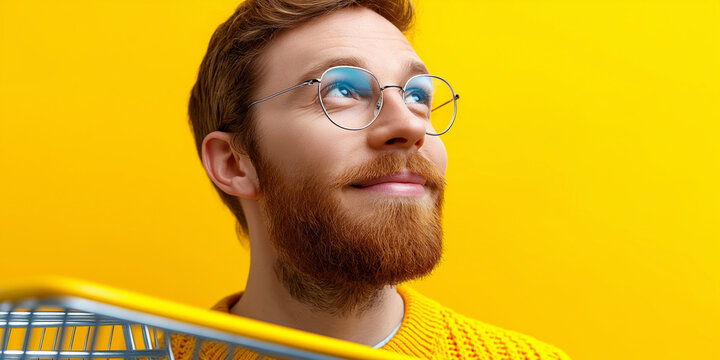 Portr&auml;t eines jungen Mannes mit rotem Bart und Brille vor knallgelbem Hintergrund