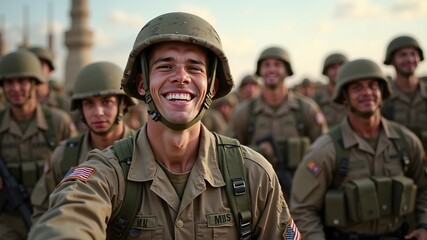 Fototapeta premium The joy and relief etched on soldiers' faces after victory. U.S. troops. U.S. soldiers sale banner design free space in the center 
