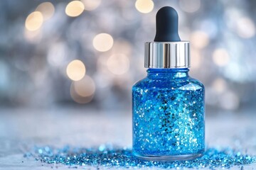 A texture of cosmetics and make-up is featured in the background, along with a skincare product, specifically a gel serum that is accompanied by a pipette