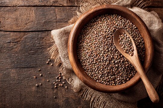 A rustic wooden bowl filled with various seeds sits atop a textured wooden surface. A wooden spoon rests beside the bowl, highlighting the natural setting