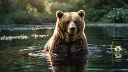 Fototapeta premium Brown bear wading in a tranquil pond, bathed in sunlight