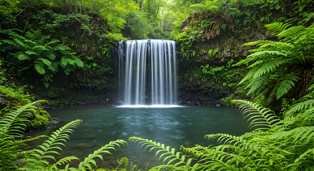 Cascading Waterfall Scene With Verdant Foliage In Tropical Rainforest