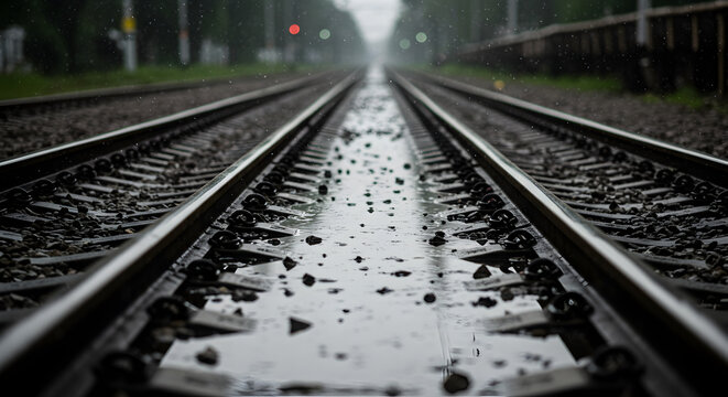 Wet Railroad Tracks Disappearing Into Distance Under Rainy Sky