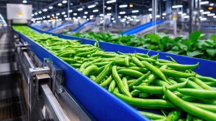 Fresh green beans being processed on a conveyor belt in a modern agricultural facility