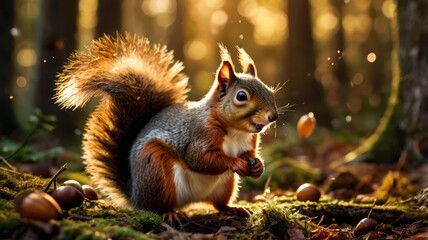 Obraz premium A squirrel in autumn forest, basking in sunlight. A charming woodland creature, holding a nut