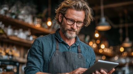 Small business coffee shop owner using tablet to check orders, manage stock, and update online menu, with social media notifications on the screen