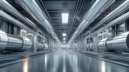 Fototapeta premium Industrial building interior with metallic pipes and tanks