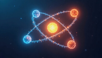 Representation of an atom highlighting protons, neutrons, and electrons against a dark cosmic background