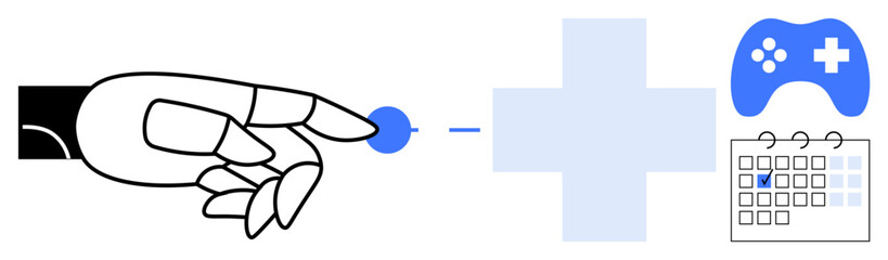 Obraz premium Robotic hand touching point near medical cross, gaming controller, and calendar focus on innovation, healthcare, entertainment, productivity, scheduling, futuristic ideas, flat simple metaphor