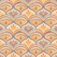 Elegant Watercolor Pattern Floral Motif, Geometric Design, Orange and Brown Tones, Seamless Repeat Texture, Artistic Illustration