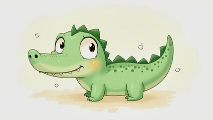 Cute green cartoon crocodile character smiling playfully in a light background with bubbles around