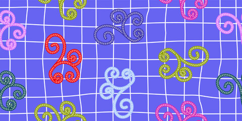 Seamless pattern with colorful embroidery motifs on a blue checkered background. Bright retro texture with swirls. For kids textile, wallpaper, or scrapbooking