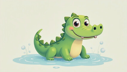 Obraz premium Cute cartoon crocodile character splashing in water with a cheerful expression and bright green color