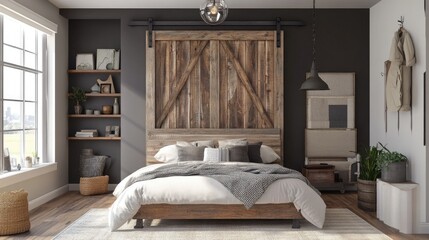 Rustic Bedroom Design With Barn Door Headboard And Modern Accents.