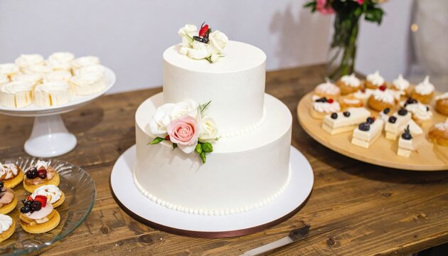 A tiered wedding cake adorned with blush roses sits elegantly on a wooden table alongside assorted pastries, creating a festive celebration scene.