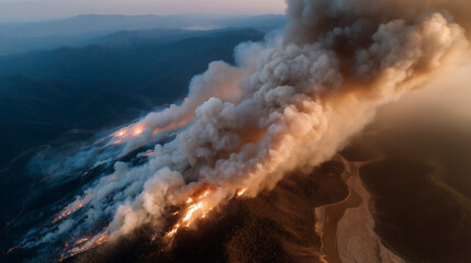 Aerial view of Brazilian forest wildfire with smoke and flames  