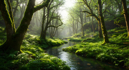 Obraz premium Enchanted Woodland Stream Ethereal Sunlight Lush Greenery Serene Forest