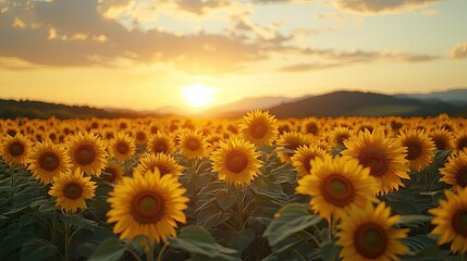 Fototapeta premium Sunflowers at sunset, mountain background, nature scene, idyllic landscape