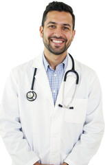 Fototapeta premium Smiling male doctor in lab coat, approachable