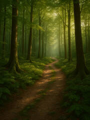 Un sentiero immerso nel verde, tra alberi maestosi e luce dorata che filtra tra le foglie: quiete, respiro e armonia della natura incontaminata.