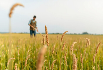 Campo de trigo com um homem trabalhando. Agropecuária.