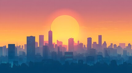 Digital illustration of a city skyline at sunset, featuring a bright sun and silhouetted skyscrapers.