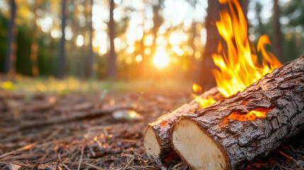 Campfire at Sunset in Forest with Golden Sunlight and Orange Flames