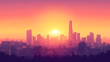 Fototapeta premium Digital illustration of a city skyline at sunset, featuring sharp, silhouetted skyscrapers under a vibrant orange sky.