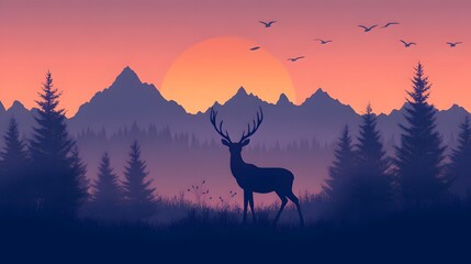 Digital illustration of a deer silhouetted against a mountainous sunset landscape with pine trees.