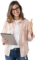 Cheerful young woman with tablet and thumbs-up