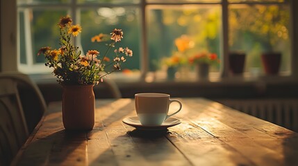 Photograph of a wooden table with a vase of daisies and a cup, bathed in warm sunlight through a window.