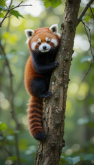 Red Panda's Verdant Perch: A vibrant red panda clings to a tree trunk in a lush forest setting, its captivating gaze and striking fur coat adding a touch of exotic charm to the scene.