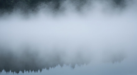 Ethereal Lake Landscape With Dense Fog And Reflected Forest