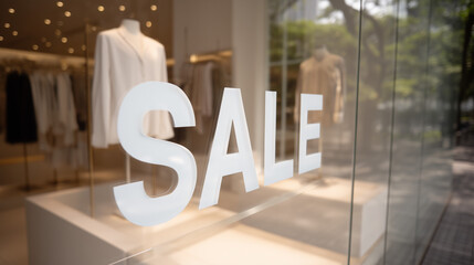 Ecommerce image of clear SALE lettering on storefront glass, white acrylic typography, soft reflection of city street, upscale promotional concept