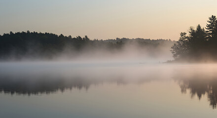 Fototapeta premium Tranquil Lakeside Scene With Fog And Reflections During Early Morning