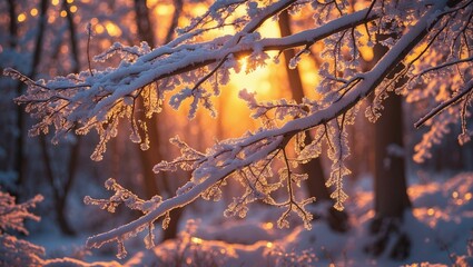 Golden winter sunrise through snow-laden branches.